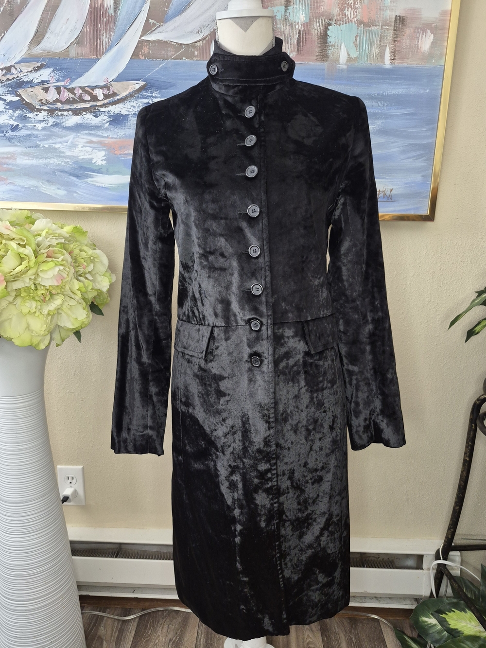Vintage Club Monaco Black Velvet Long Trench Style Coat
